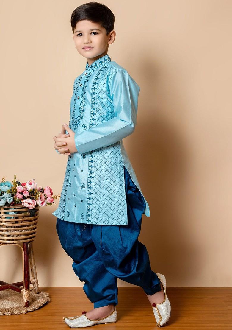 Turquoise Blue Embroidered Silk Kurta Set For Boys - Indya