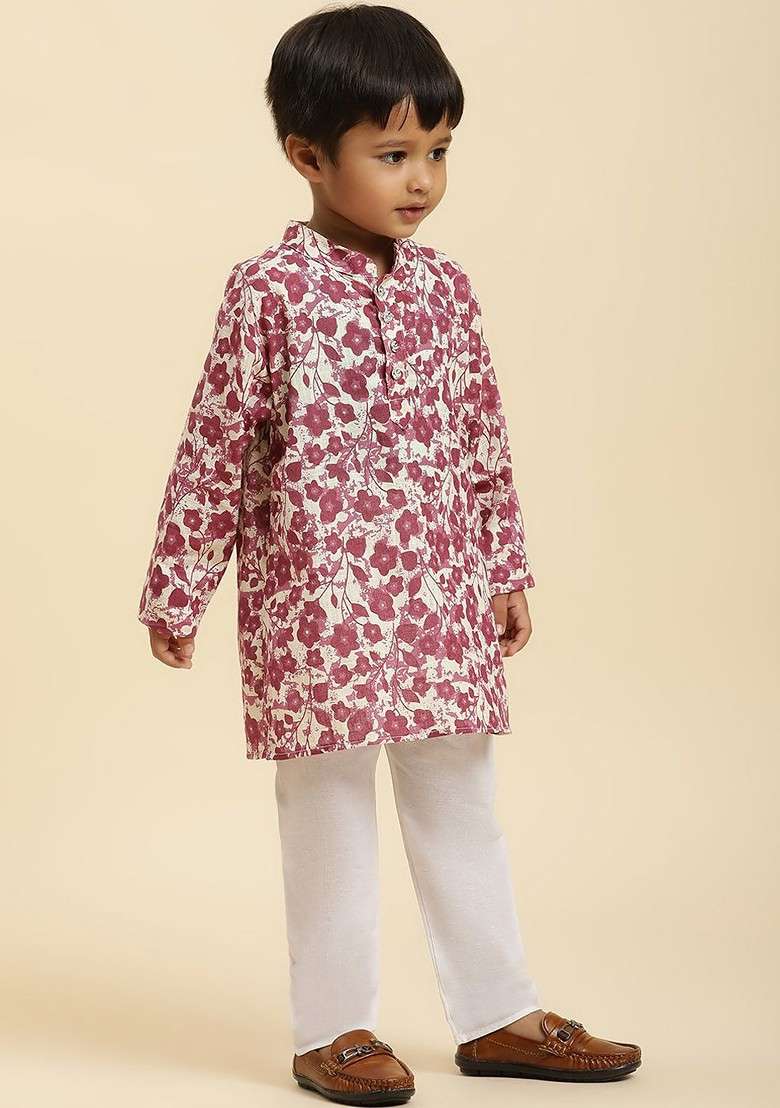 Cream Printed Cotton Kurta Set For Boys - Indya