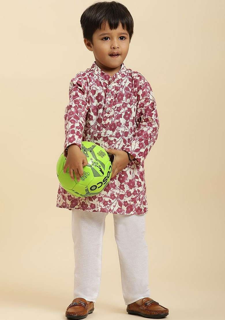 Cream Printed Cotton Kurta Set For Boys - Indya