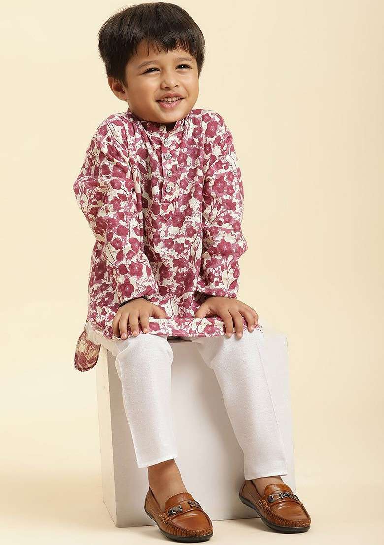 Cream Printed Cotton Kurta Set For Boys - Indya