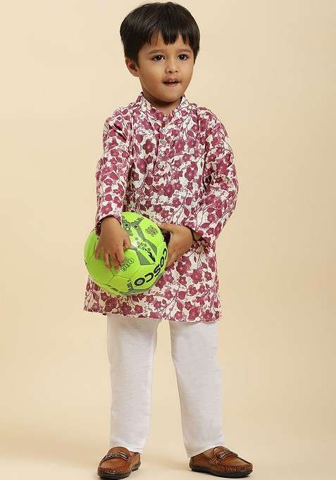 Cream Printed Cotton Kurta Set For Boys