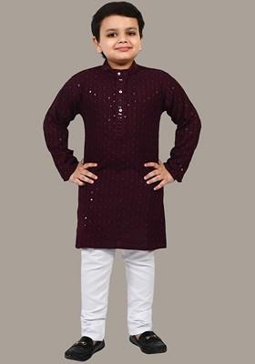 Burgundy Embroidered Blended Kurta Set For Boys