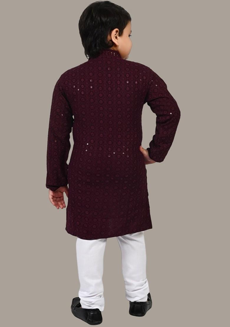Burgundy Embroidered Blended Kurta Set For Boys - Indya