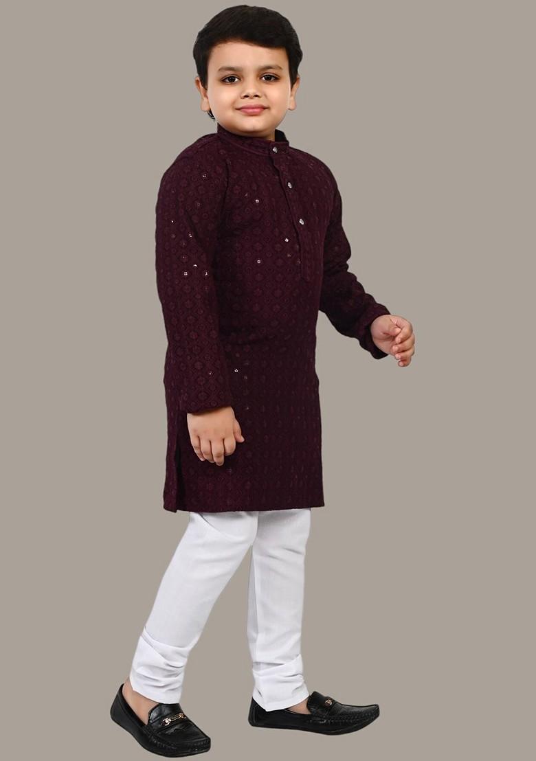 Burgundy Embroidered Blended Kurta Set For Boys - Indya