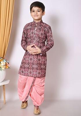 Peach Printed Blended Kurta Dhoti Set For Boys
