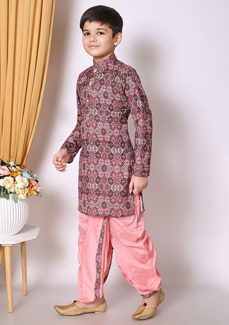 Peach Printed Blended Kurta Dhoti Set For Boys - Indya