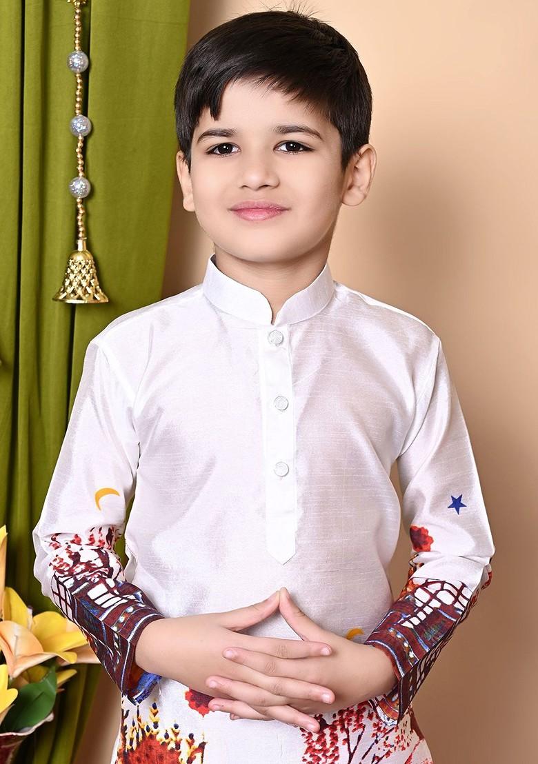 White Printed Silk Kurta Set For Boys - Indya