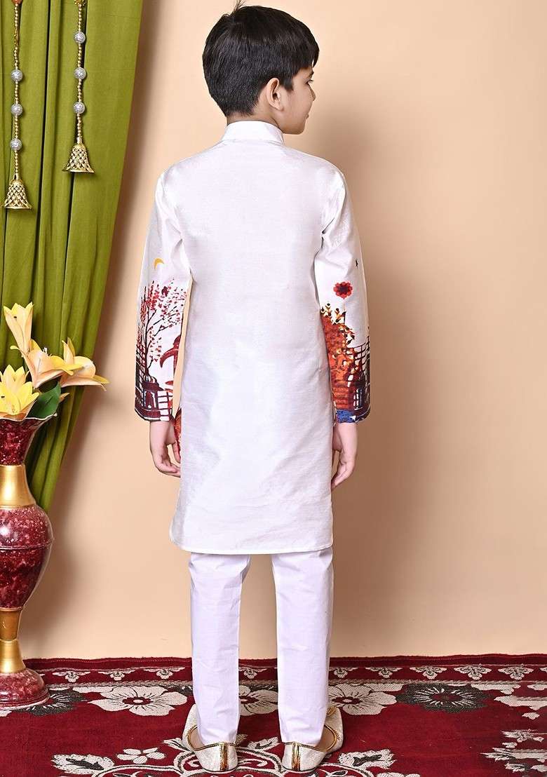 White Printed Silk Kurta Set For Boys - Indya