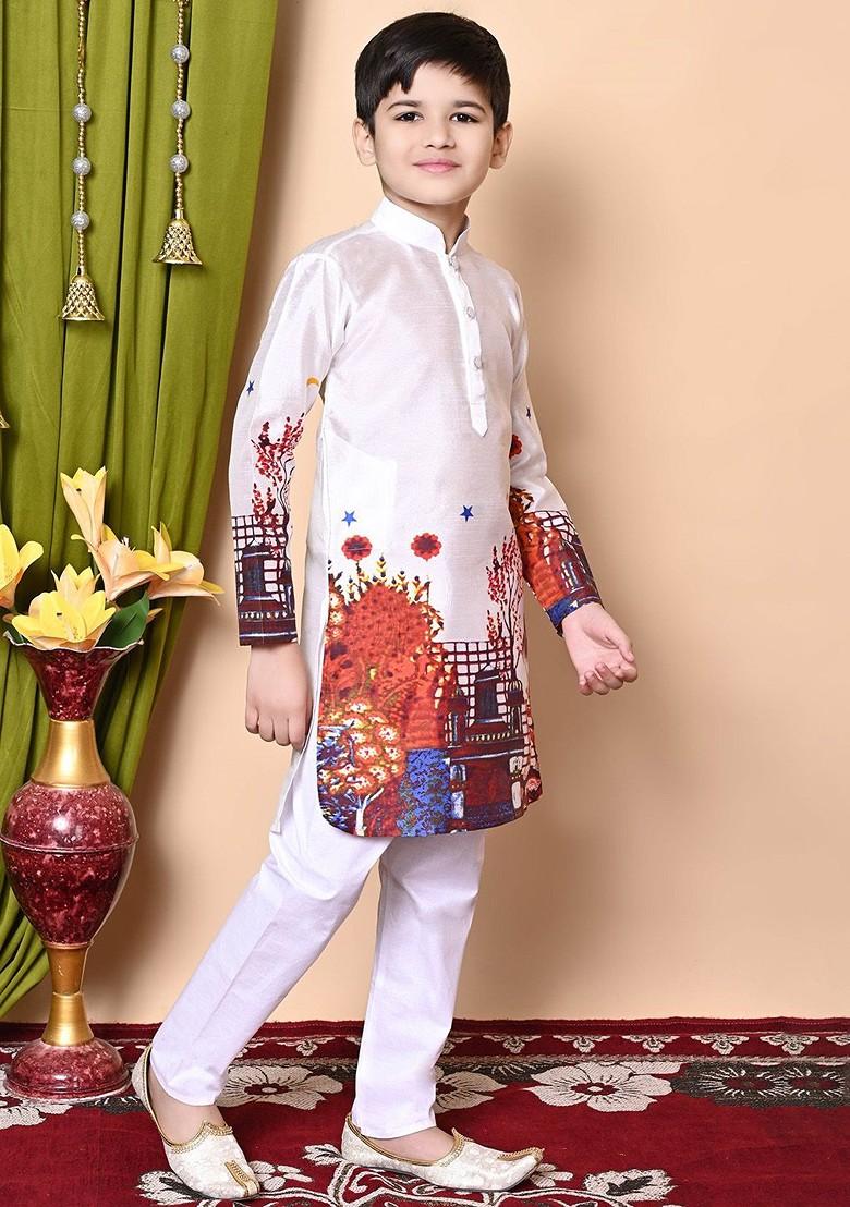 White Printed Silk Kurta Set For Boys - Indya