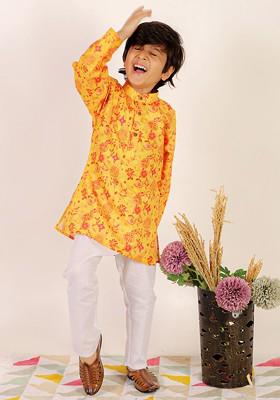 Mustard Printed Cotton Kurta Set For Boys