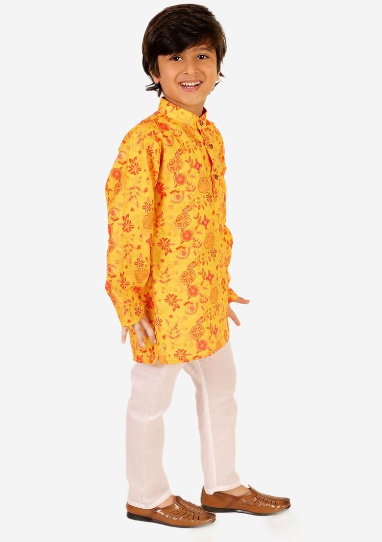 Mustard Printed Cotton Kurta Set For Boys - Indya