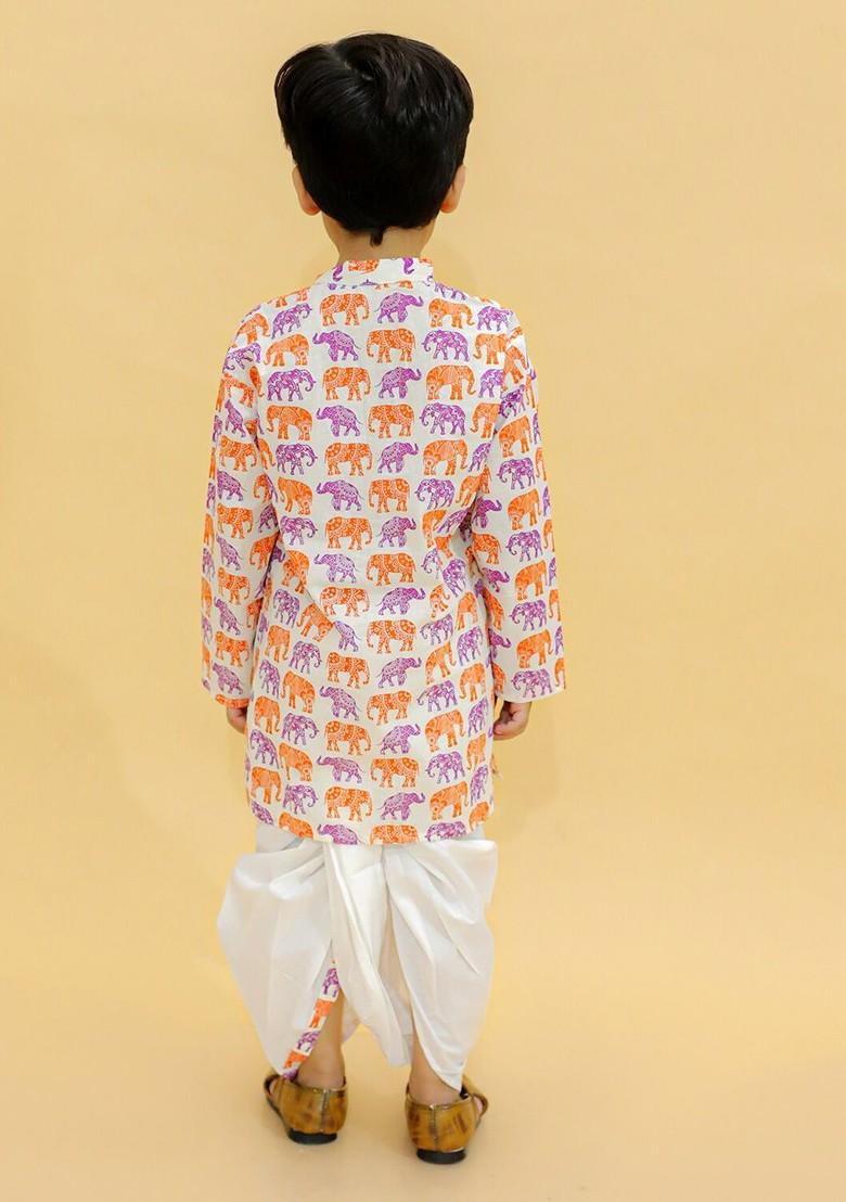 Orange Printed Cotton Kurta Dhoti Set For Boys - Indya