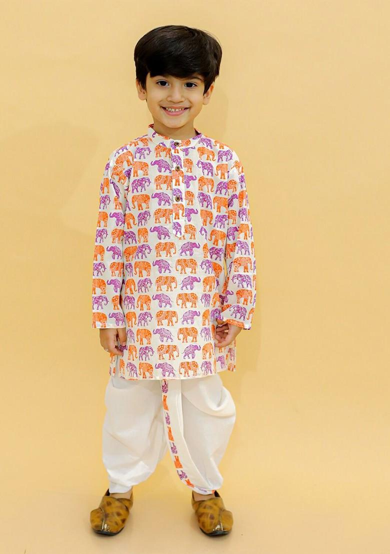 Orange Printed Cotton Kurta Dhoti Set For Boys - Indya