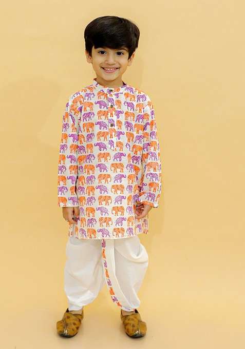 Orange Printed Cotton Kurta Dhoti Set For Boys