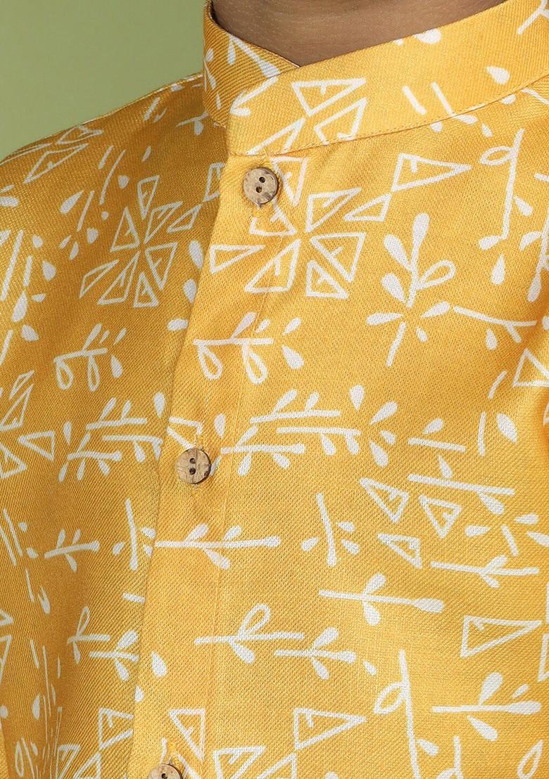 Yellow Printed Cotton Kurta Set For Boys - Indya