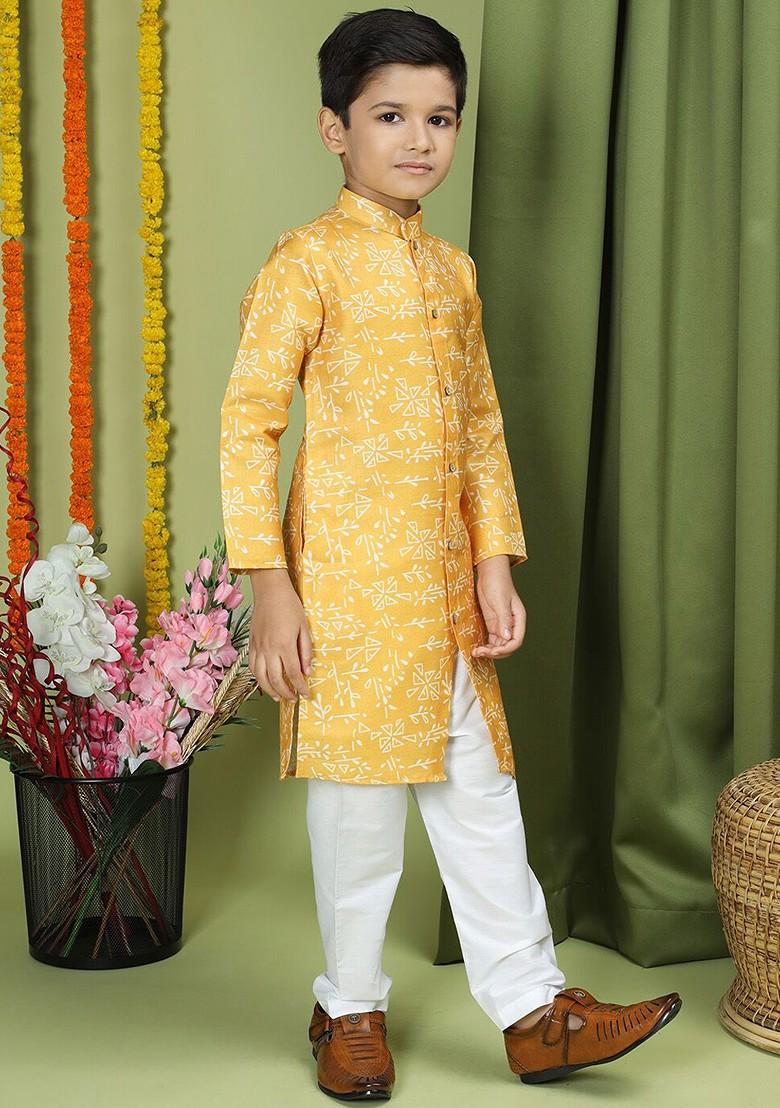 Yellow Printed Cotton Kurta Set For Boys - Indya