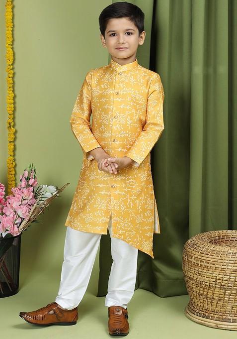 Yellow Printed Cotton Kurta Set For Boys — view on Indya