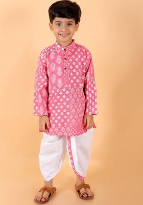 Pink Printed Cotton Kurta Dhoti Set For Boys