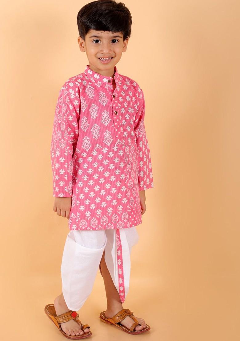 Pink Printed Cotton Kurta Dhoti Set For Boys - Indya