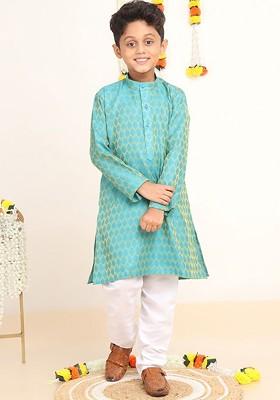 Turquoise Blue Woven Design Blended Kurta Set For Boys