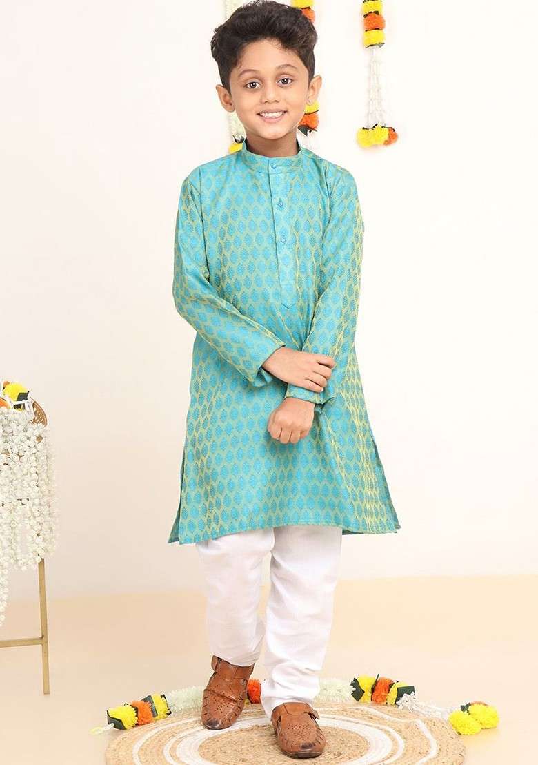 Turquoise Blue Woven Design Blended Kurta Set For Boys - Indya