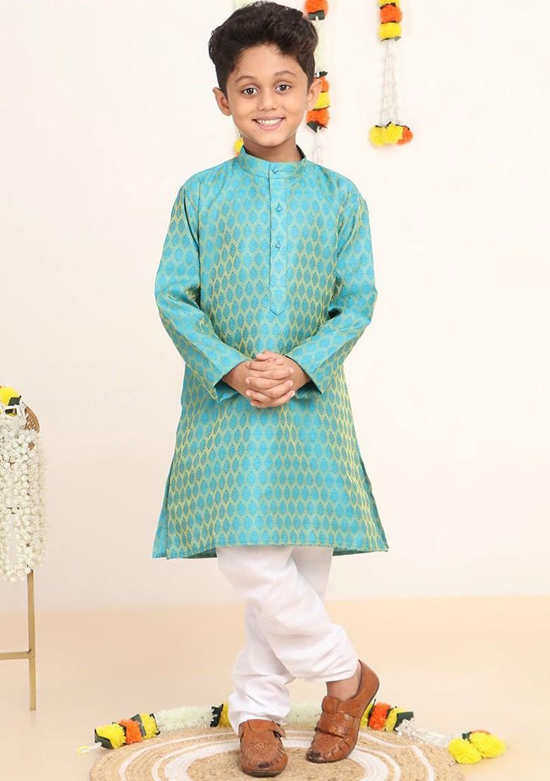 Turquoise Blue Woven Design Blended Kurta Set For Boys - Indya