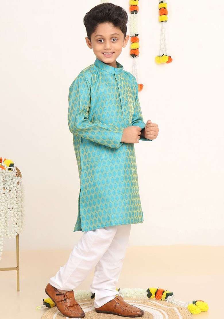 Turquoise Blue Woven Design Blended Kurta Set For Boys - Indya