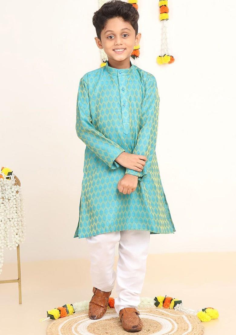 Turquoise Blue Woven Design Blended Kurta Set For Boys - Indya