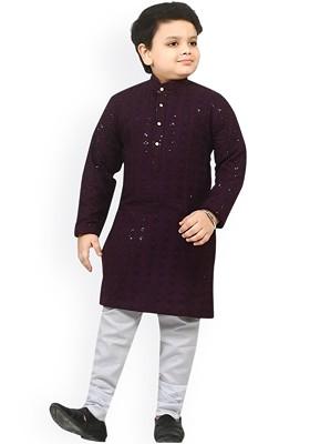 Purple Embroidered Blended Kurta Set For Boys