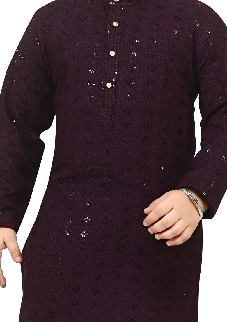 Purple Embroidered Blended Kurta Set For Boys - Indya