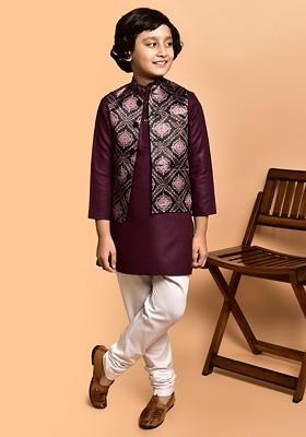 Brown Embroidered Blended Kurta Set For Boys