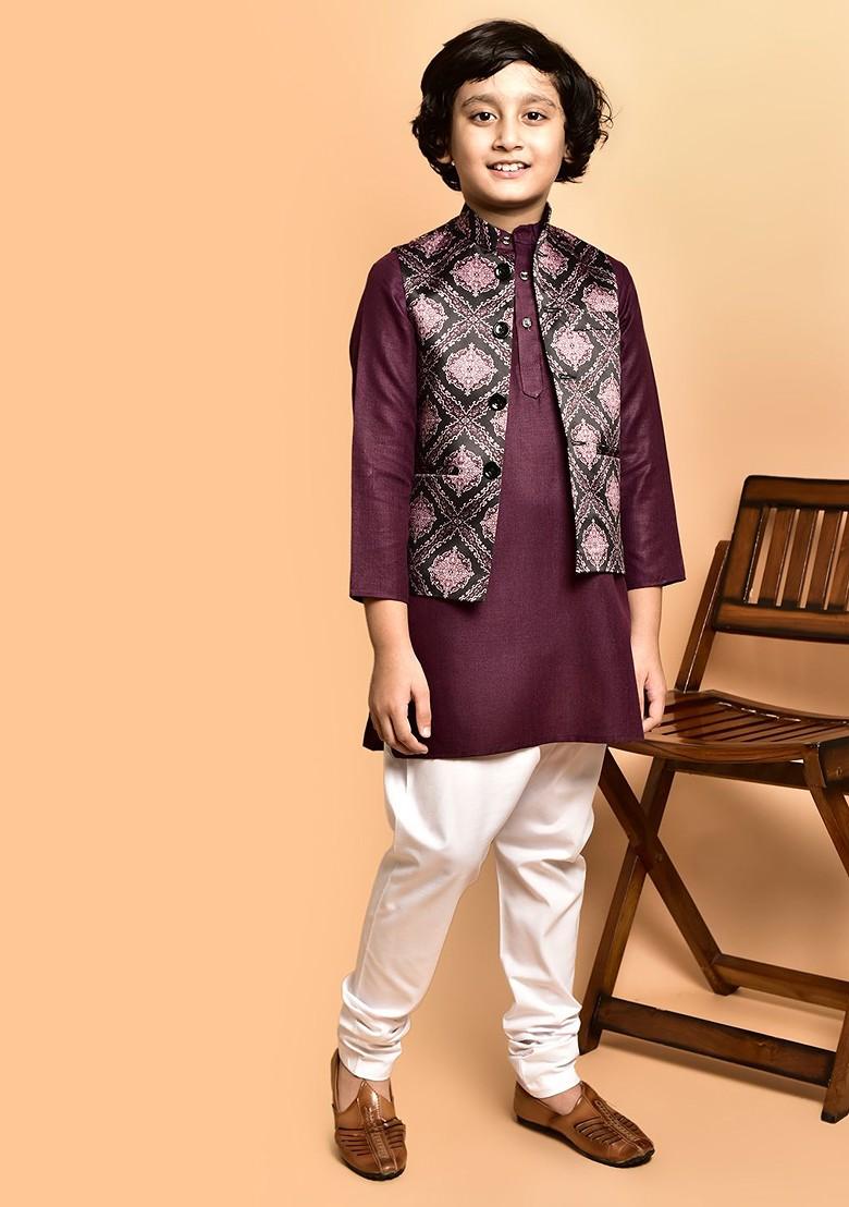 Brown Embroidered Blended Kurta Set For Boys - Indya