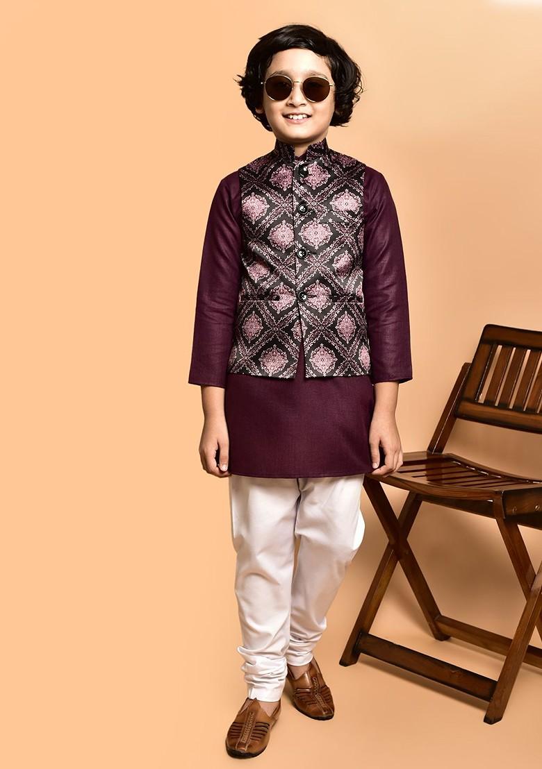 Brown Embroidered Blended Kurta Set For Boys - Indya