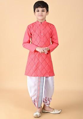 Pink Embroidered Blended Kurta Dhoti Set For Boys