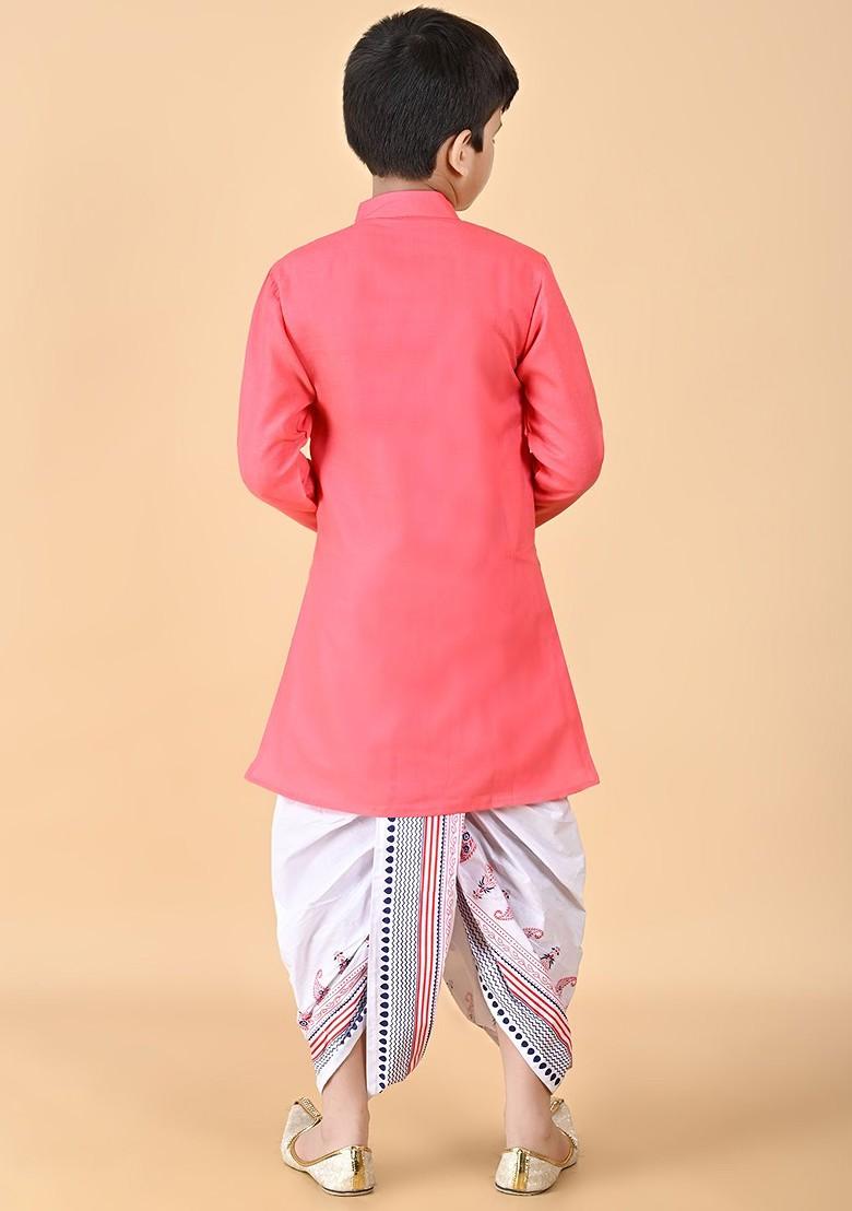 Pink Embroidered Blended Kurta Dhoti Set For Boys - Indya