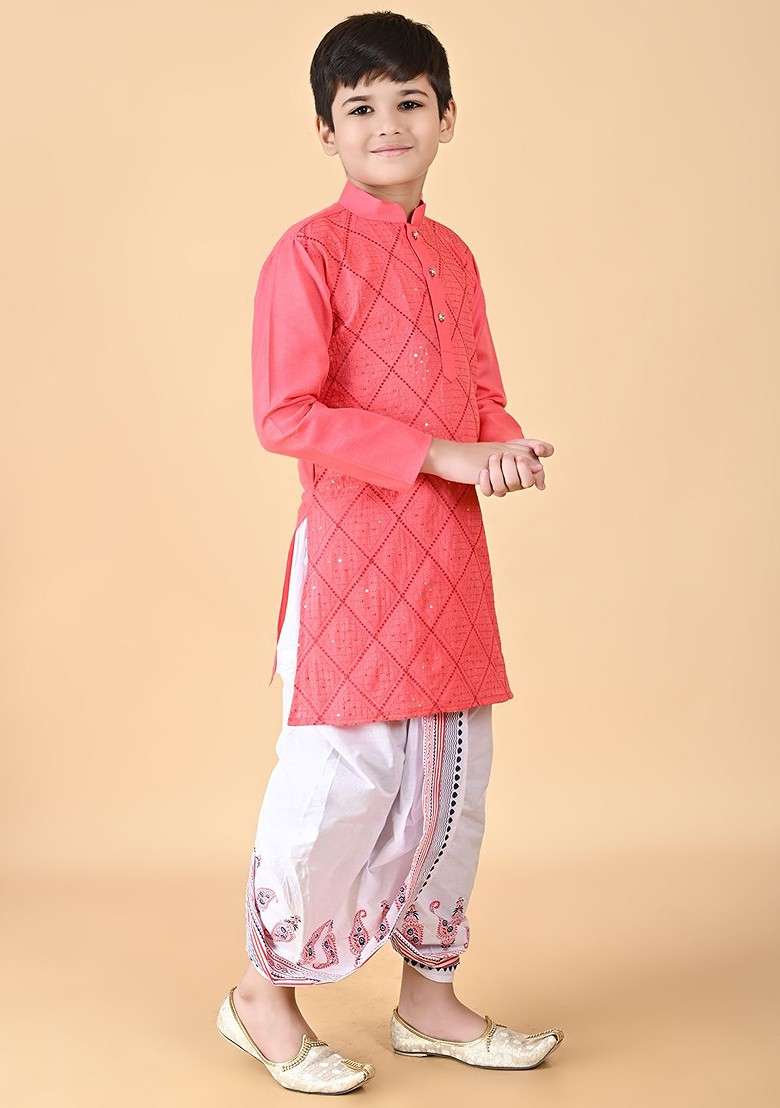 Pink Embroidered Blended Kurta Dhoti Set For Boys - Indya