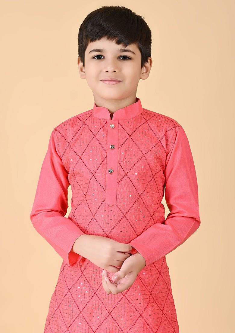 Pink Embroidered Blended Kurta Dhoti Set For Boys - Indya
