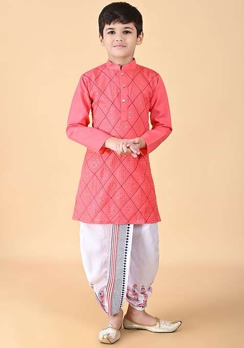 Pink Embroidered Blended Kurta Dhoti Set For Boys