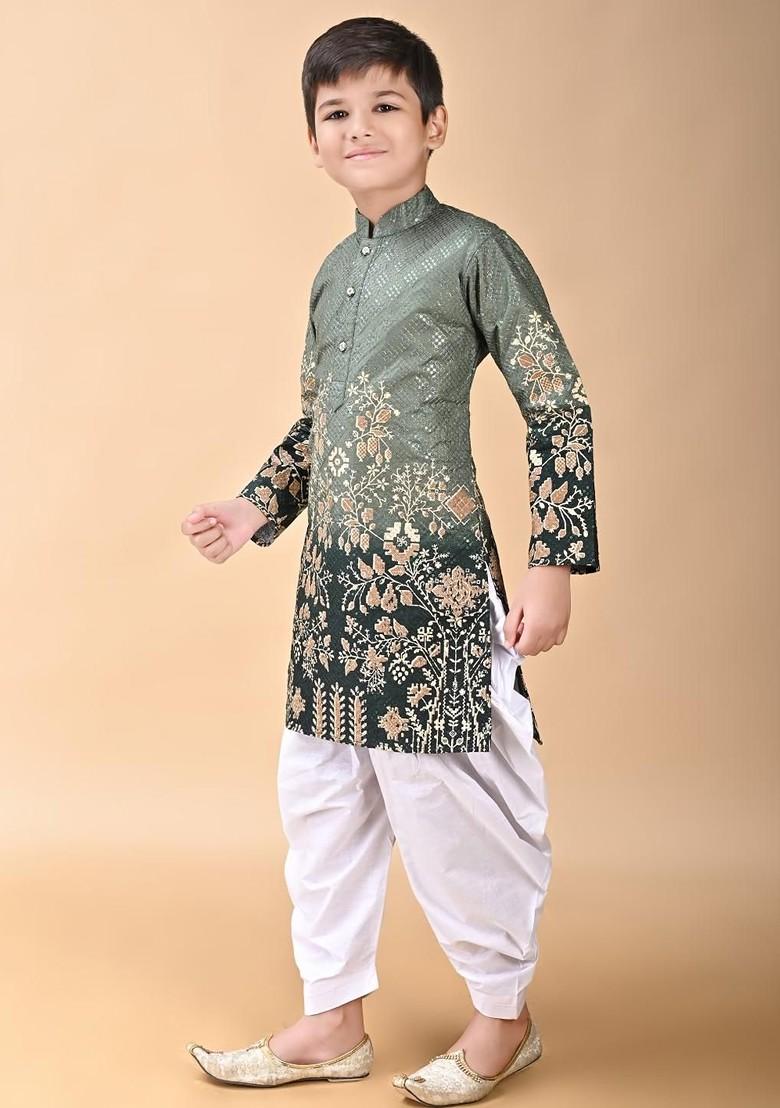 Green Embroidered Viscose Rayon Kurta Set For Boys - Indya