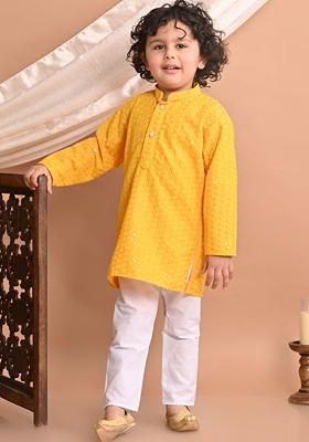 Yellow Embroidered Blended Kurta Set For Boys
