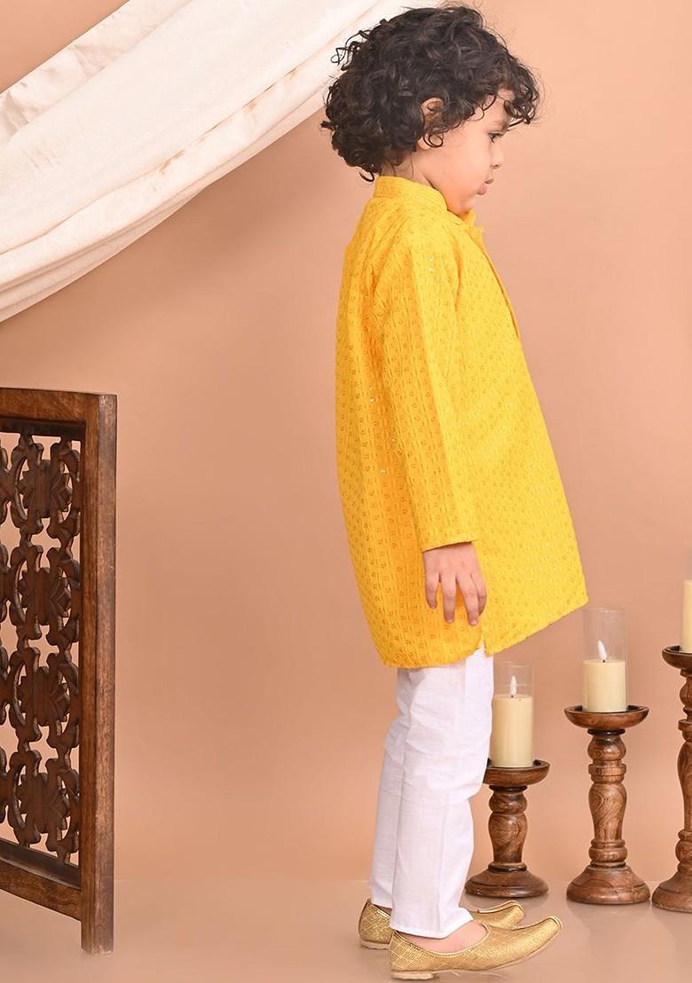 Yellow Embroidered Blended Kurta Set For Boys - Indya