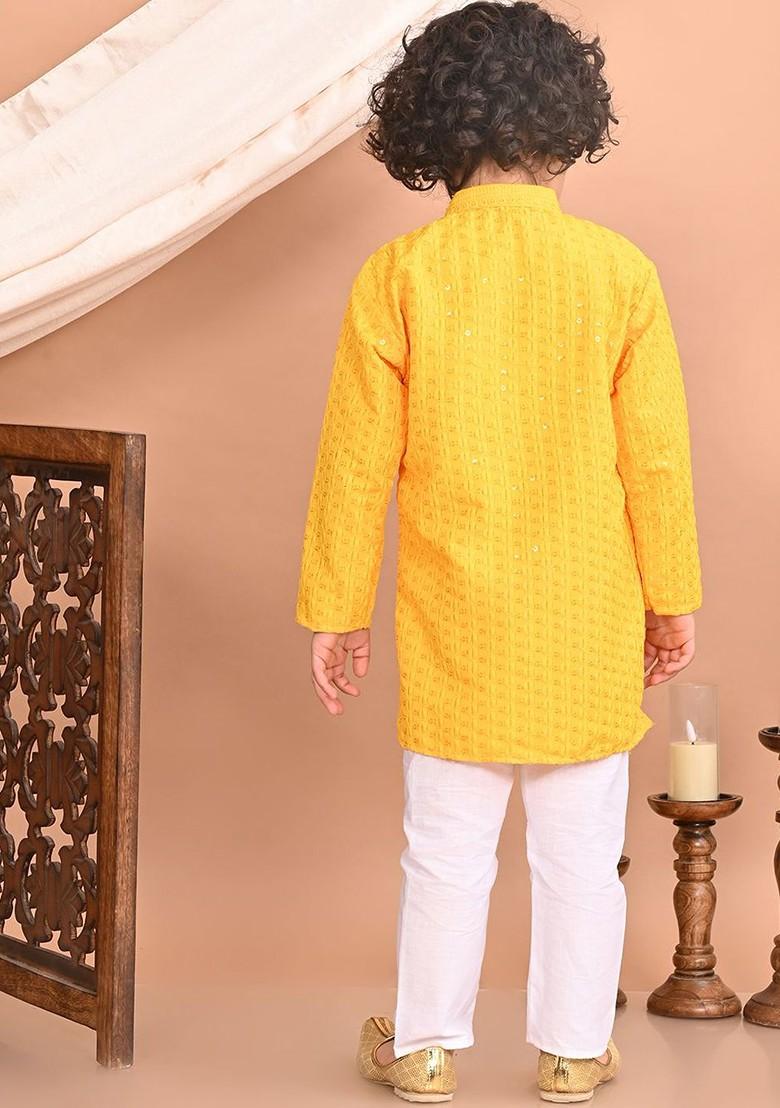 Yellow Embroidered Blended Kurta Set For Boys - Indya