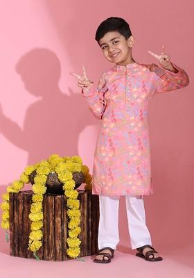 Pink Printed Cotton Kurta Set For Boys