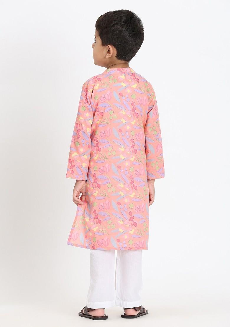 Pink Printed Cotton Kurta Set For Boys - Indya