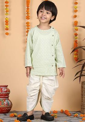 Green Printed Cotton Kurta Dhoti Set For Boys