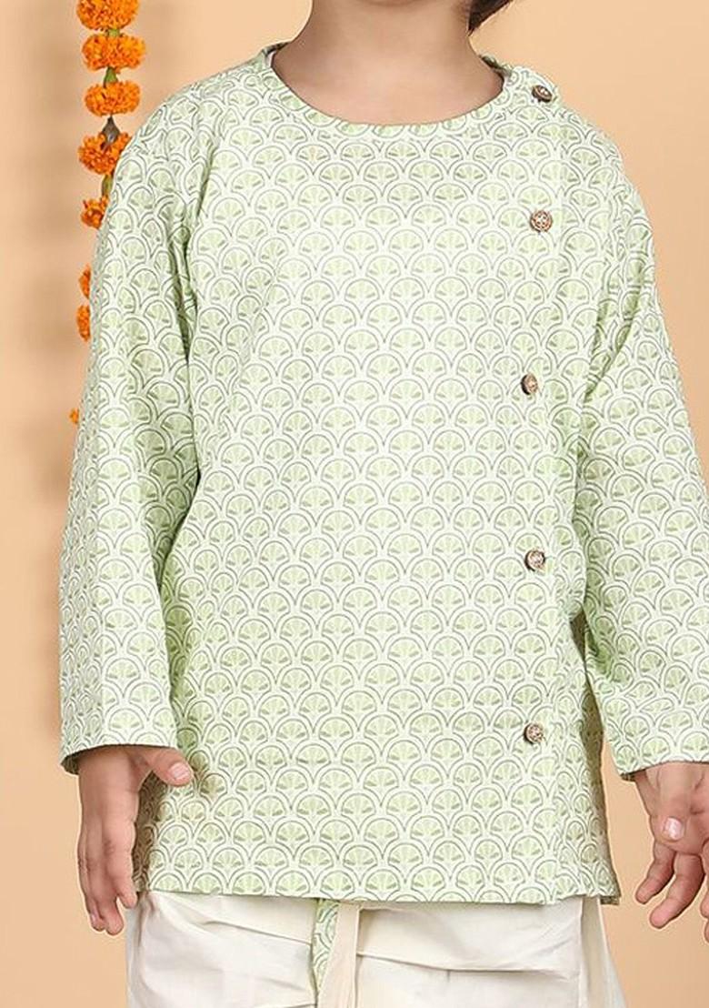 Green Printed Cotton Kurta Dhoti Set For Boys - Indya