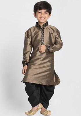 Black Embroidered Blended Kurta Dhoti Set For Boys
