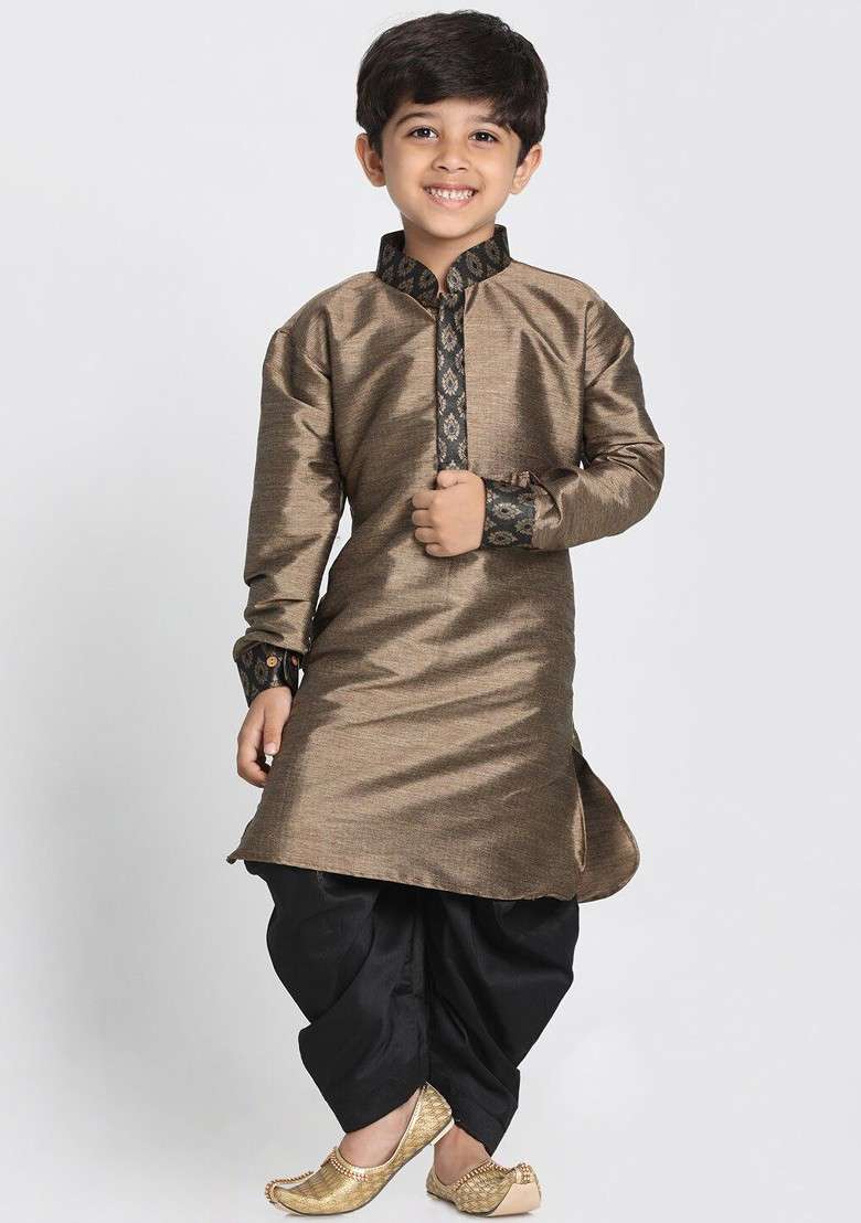 Black Embroidered Blended Kurta Dhoti Set For Boys - Indya