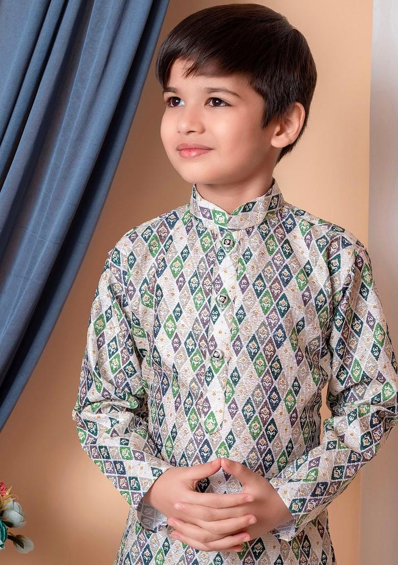 Beige Embroidered Silk Kurta Dhoti Set For Boys - Indya
