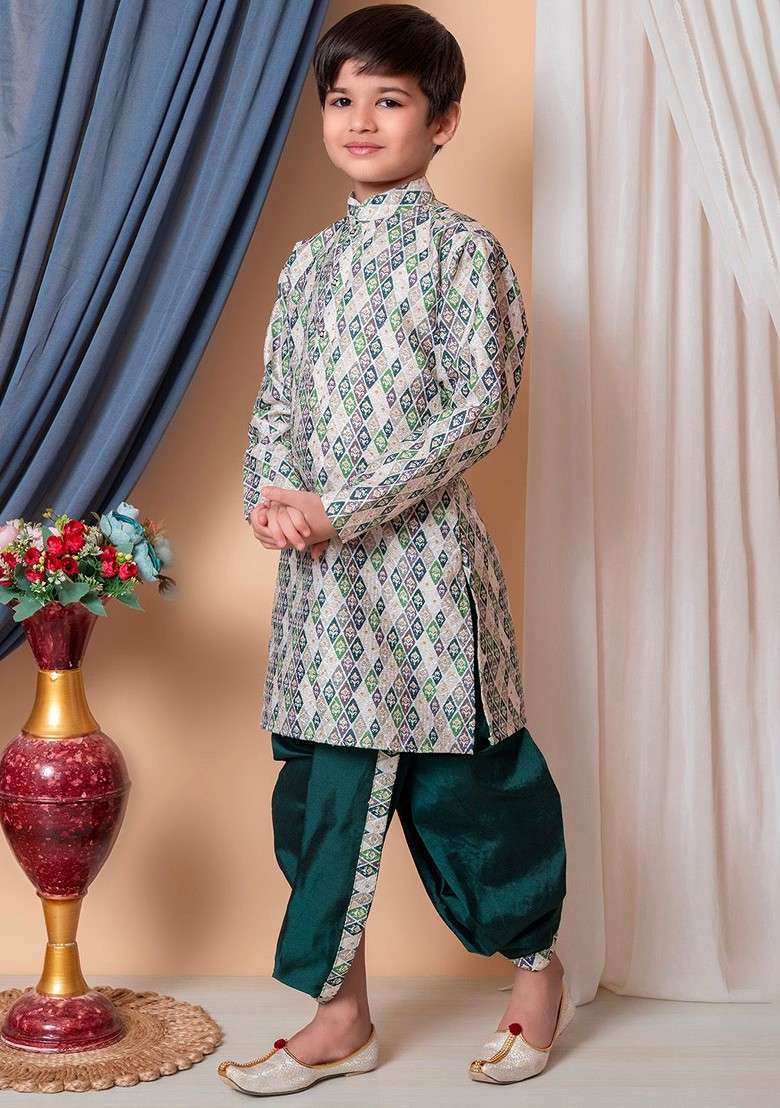 Beige Embroidered Silk Kurta Dhoti Set For Boys - Indya